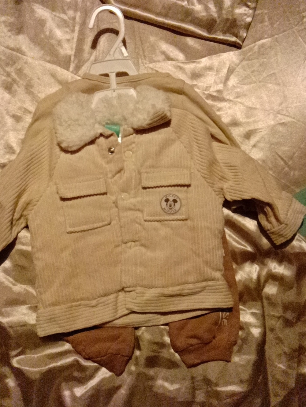 3 Piece Mickey Mouse (Disney) Beige Corduroy Pea Coat with Sherpa Collar